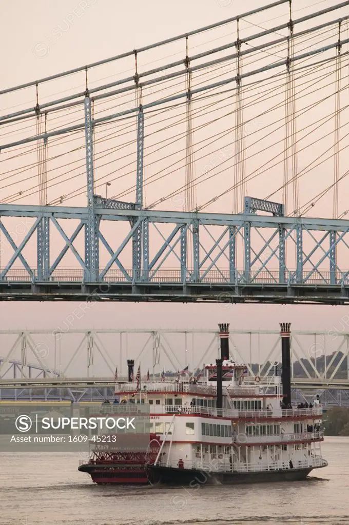 Riverboat on Ohio River &, Roebling Suspension Bridge, Cincinnati, Ohio, USA