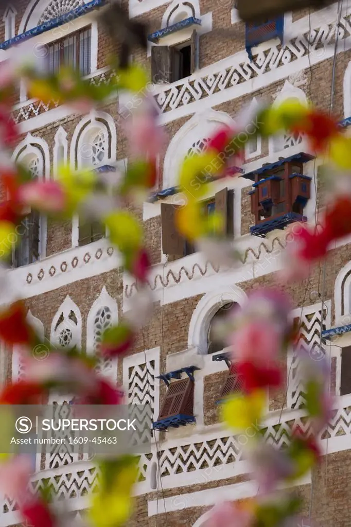 Frontage of buildings & floral decorations, Sana´a, Yemen