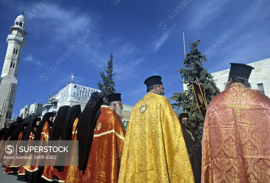 Greek Orthodox priests, Manger Square, Christmas Day in Bethlehem, Israel