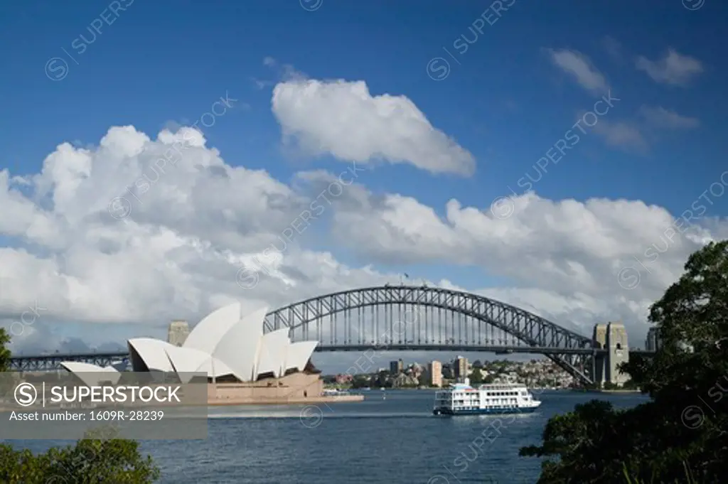 Australia, New South Wales, Sydney, Sydney Opera House & Sydney Harbour Bridge from Mrs. Macquaries Chair