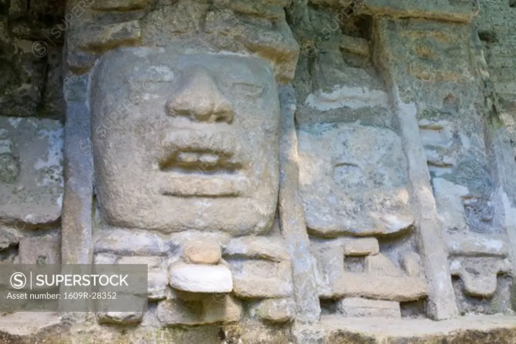 Belize, Lamanai, Mask Temple (Structure N9-56), 13ft mask of a man in a crocodile headdress
