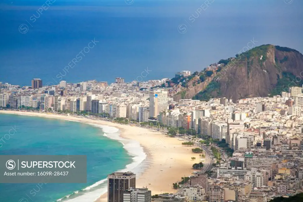 Brazil, Rio De Janeiro, Urca, Sugar Loaf Mountain, view of Copacabana beach