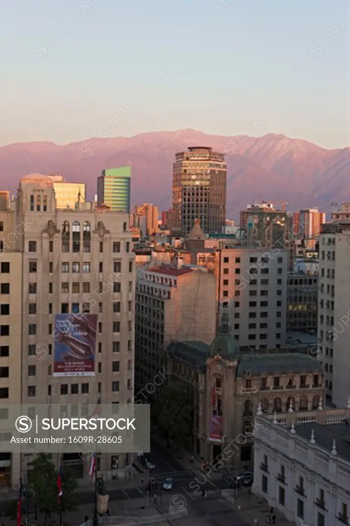 Chile, Santiago, Plaza de la Constitucion & city skyline with the Andes mountains