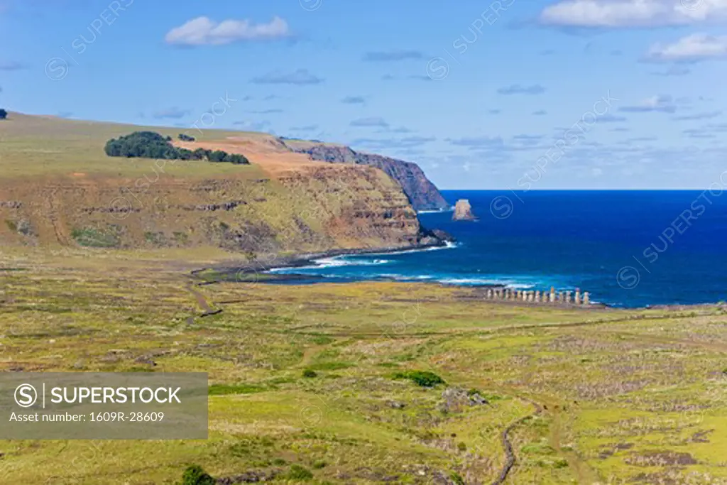 Chile, Rapa Nui, Easter Island, row of monolithic stone Moai statues at Tongariki