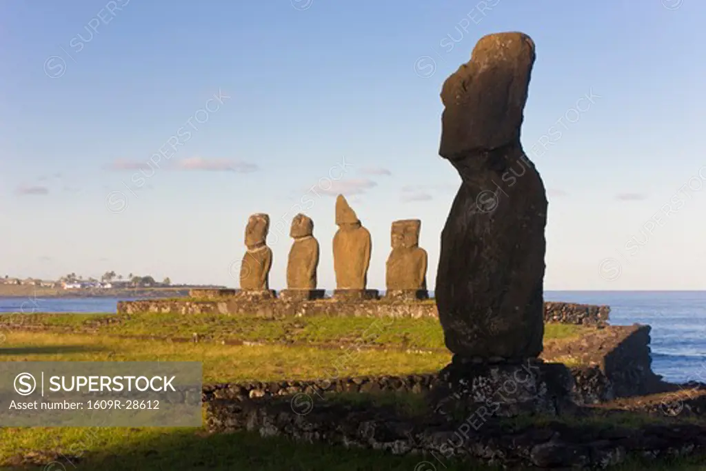 South America, Chile, Rapa Nui, Easter Island, moai stone statues at Ahu Vai Uri