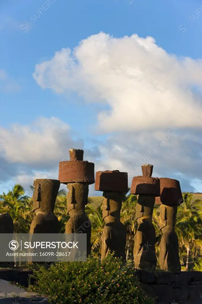 Chile, Rapa Nui, Easter Island, Anakena beach, monolithic giant stone Moai statues of Ahu Nau Nau