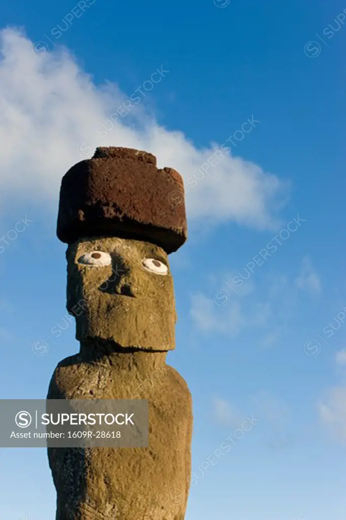 Chile, Rapa Nui, Easter Island, Moai statue Ahu Ko Te riku, the only topknotted & eyeballed Moai