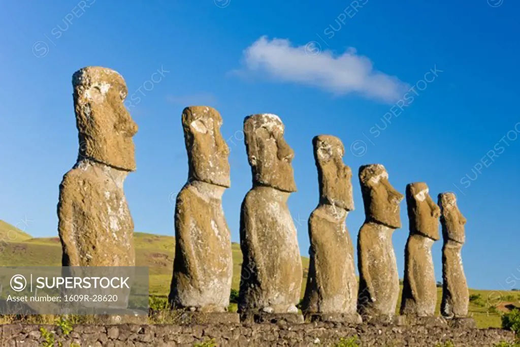 Chile, Rapa Nui, Easter Island, Ahu Akivi, row of monolithic stone Moai statues