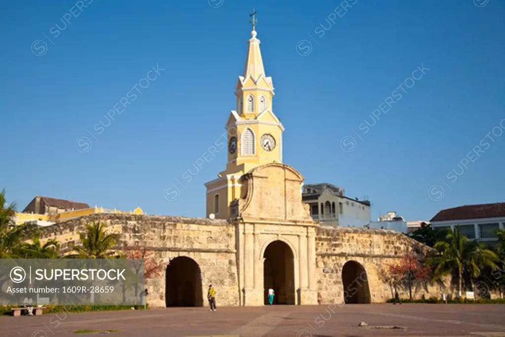 Colombia, Bolivar, Cartagena De Indias, Plaza de la Paz, Porta del Reloj gateway and Clocktower