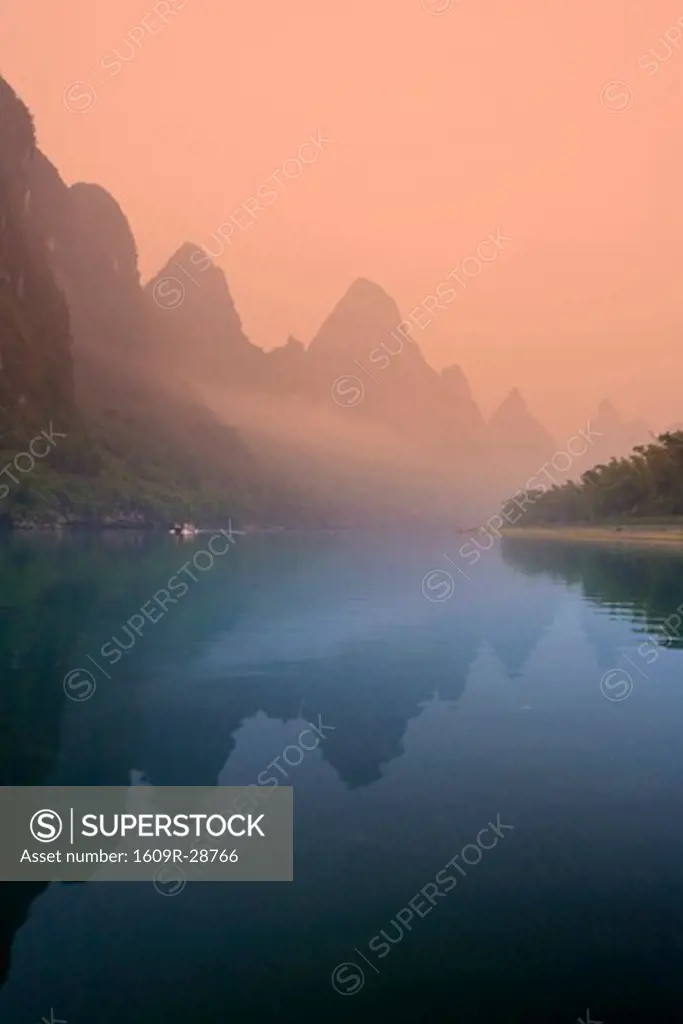 Karst Mountain Landscape and Li River, Yangshuo, Guilin, Guangxi Province, China