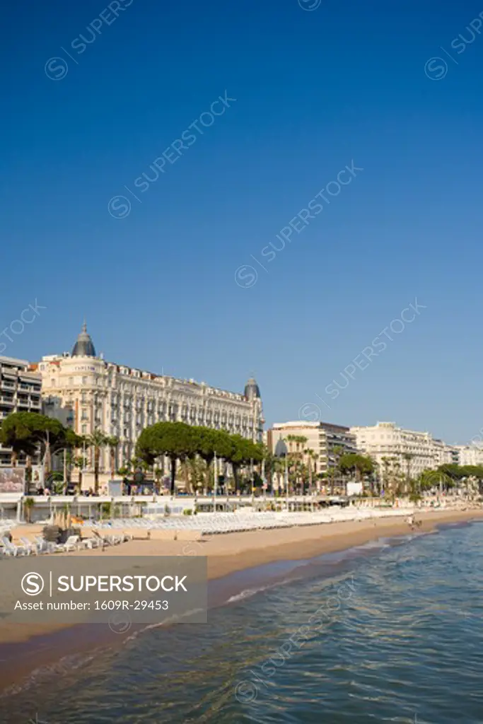 Beach and Boulevard de la Croisette with Carlton Hotel, Cannes, Cote D'Azur, France