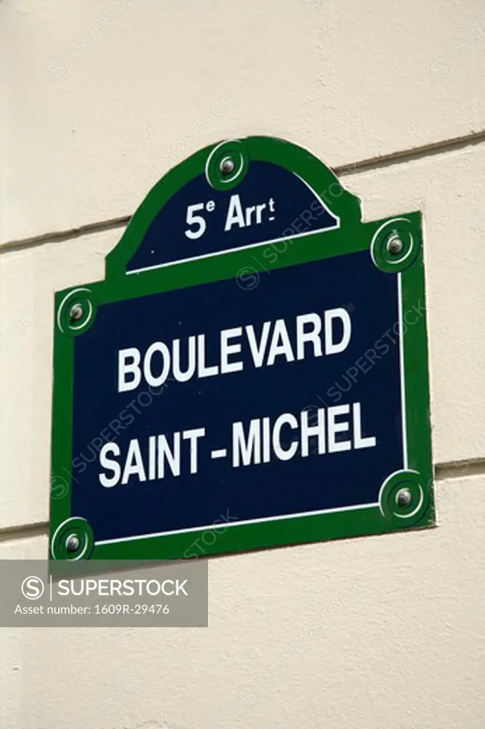 Street sign marking the famous Boulevard Saint - Michel, Paris, France