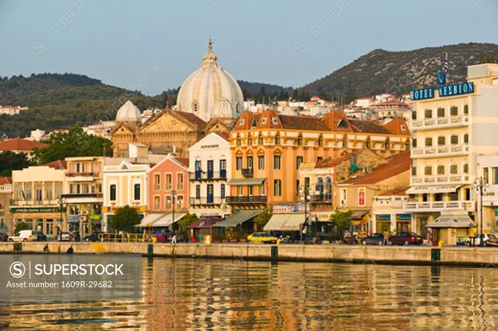 GREECE-Northeastern Aegean Islands-LESVOS (Mytilini)-Mytilini Town: Waterfront View of Southern Harbor & Agios Therapon Church / Dawn