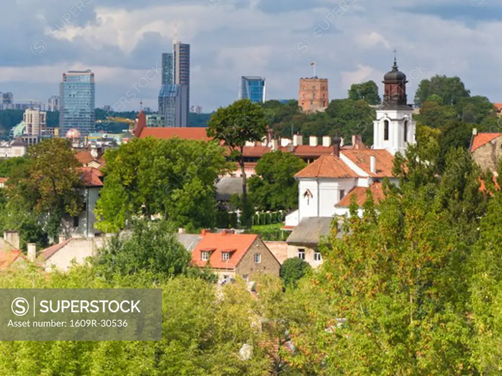 Lithuania, Vilnius, modern skyline and Russian Orthodox Church, the Holy Mother of God