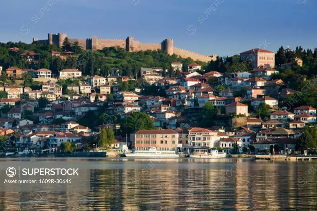Macedonia, Ohrid, Morning View of Old Town and Car Samoil's Castle