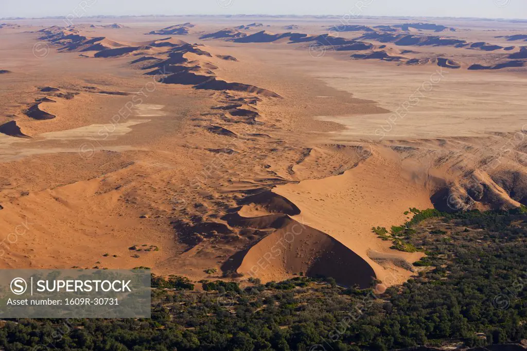 Desert meets green fertile land, Namib Desert, Namibia aerial view
