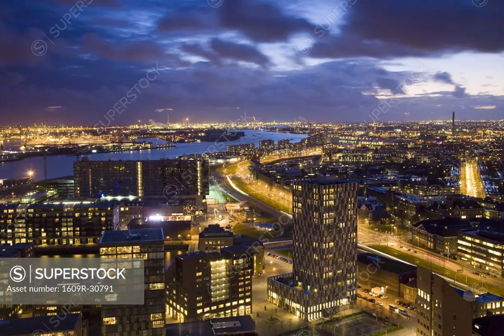 Aerial view of Rotterdam from Euromast tower, dusk, Rotterdam, The Netherlands