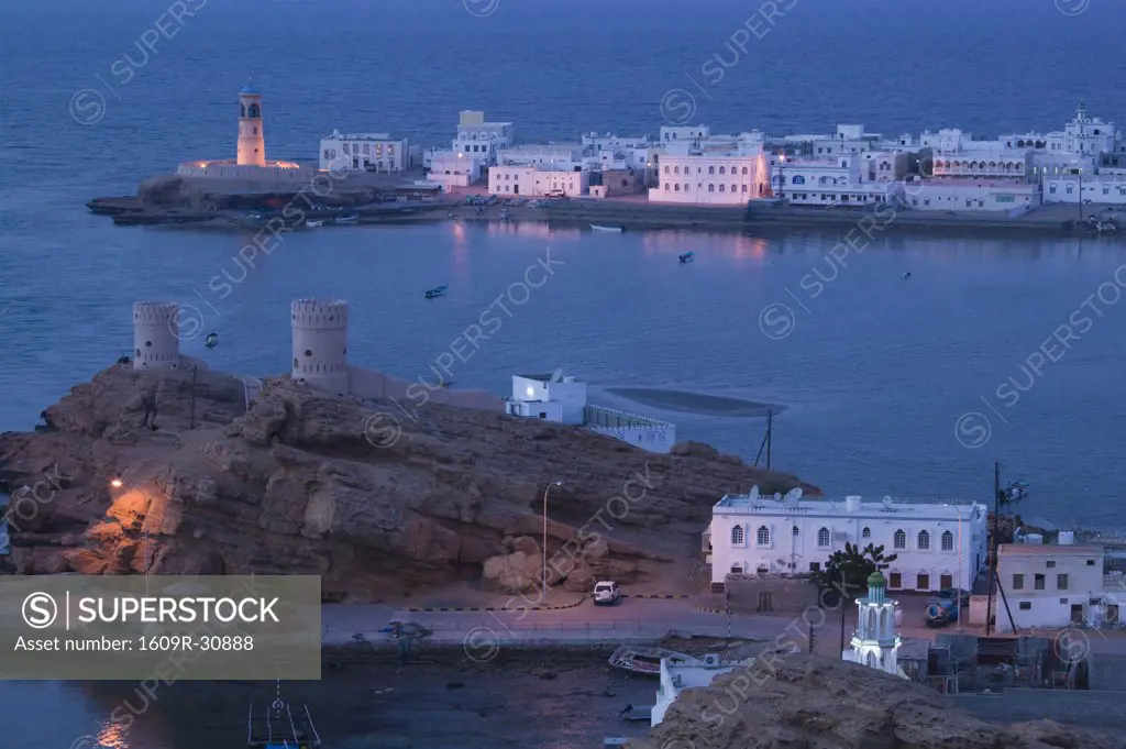 Oman,  Sharqiya Region, Sur, Towers of Al Ayajh Fort, Sur Bay