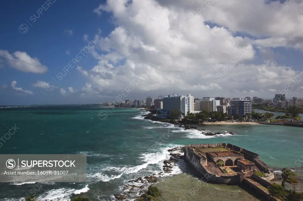 Puerto Rico, San Juan, elevated view of Condado hotels and Fuerte San Geronimo fort, daytime