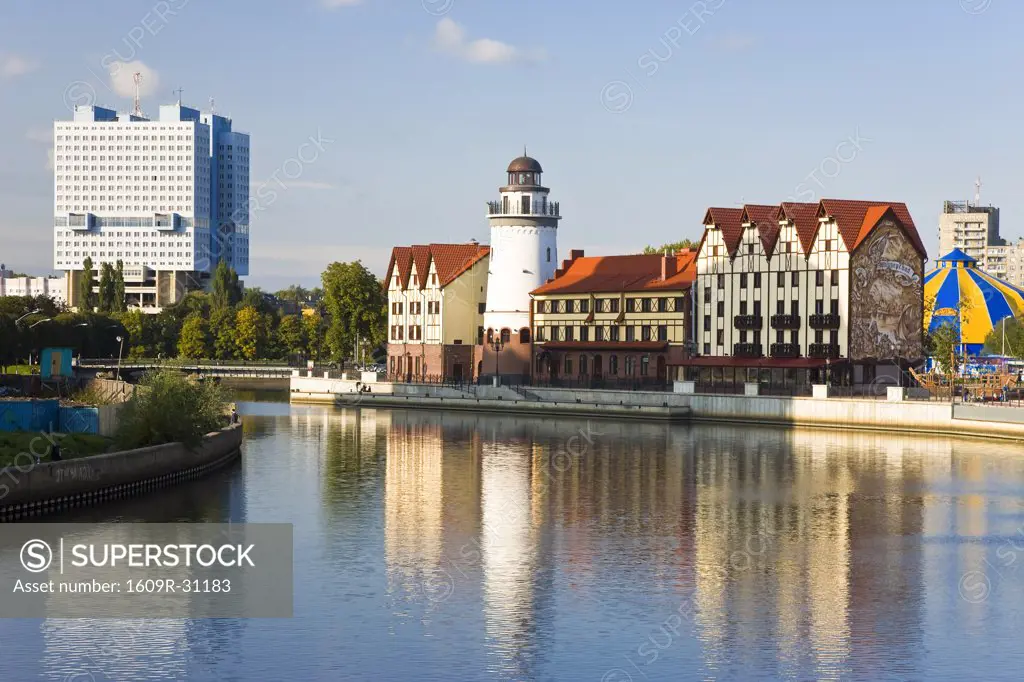 Russia, Kaliningrad, Fish Village, modern housing, hotel and restaurant development along the Pregolya river