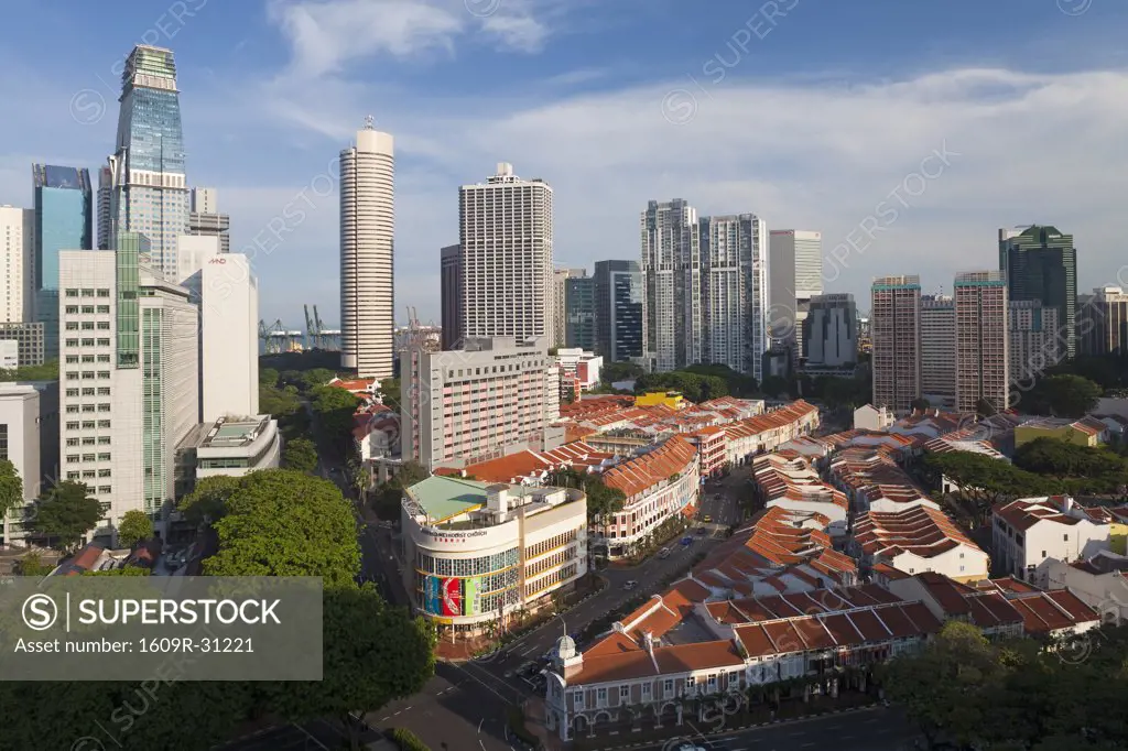 Elevated view over Chinatown, modern city skyline, Singapore, Asia