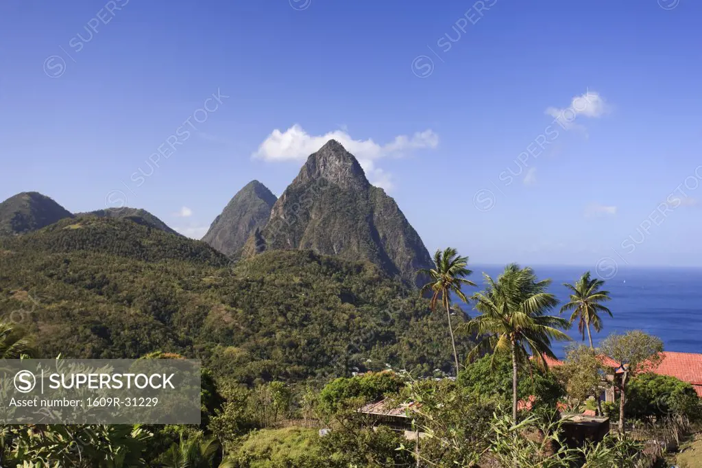 Caribbean, St Lucia, Petit and Gros Piton Mountains (UNESCO World Heritage Site) and town of Soufriere
