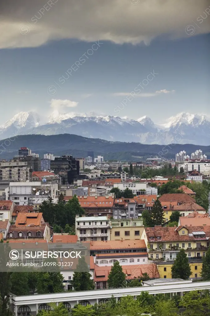Slovenia, Ljubljana (Slovenian Capital), View of City & Kamnik, Savinja Alps from Castle Hill