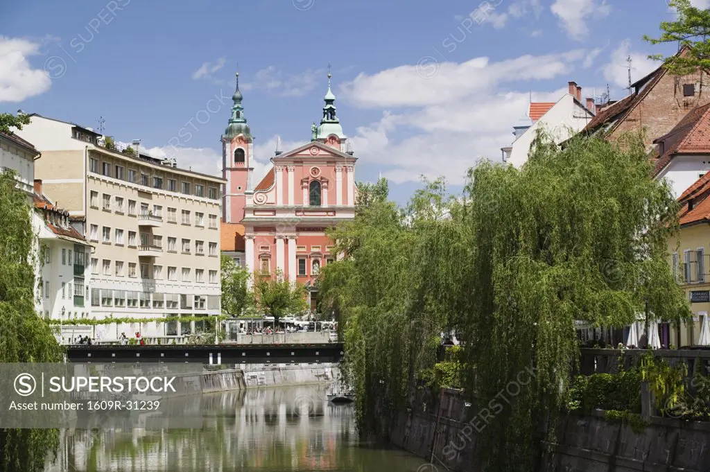 Slovenia, Ljubljana, Ljubljana River View towards Presernov Trg Square