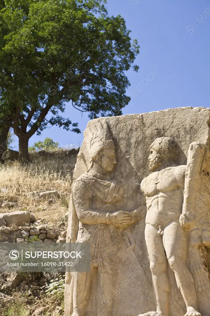 Turkey, Eastern Turkey, Nemrut Dagi National Park, Eski Kale (ancient Commagene capital of Arsameia), Stone relief of Mithridates 1 & the God Heracles