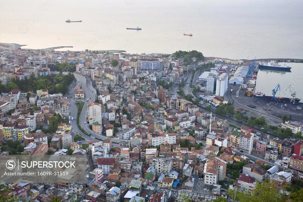 Turkey, Black Sea Coast, Trabzon, View of city towards port and Black sea