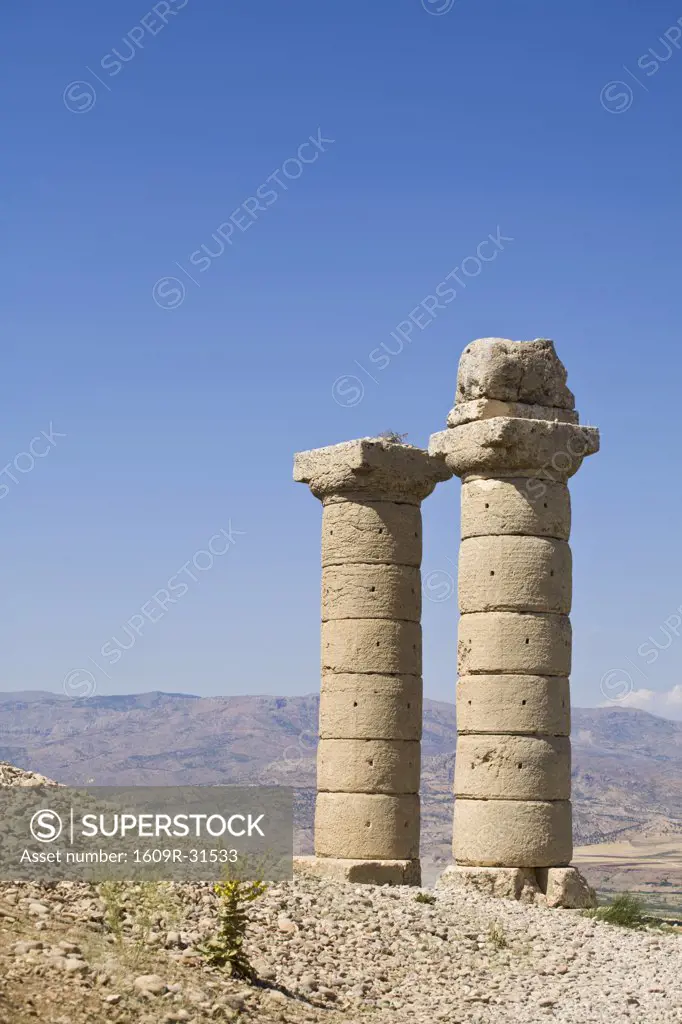 Turkey, Eastern Turkey, Nemrut Dagi National Park, Karakus Tumulus, Two columns nr burial ground for Commagene Royal Family