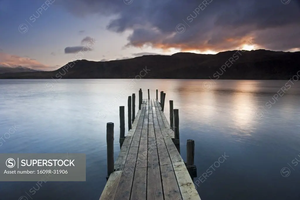 Brandelhow Bay jetty at dawn, Derwentwater, Keswick, Lake District National Park, Cumbria, England, UK