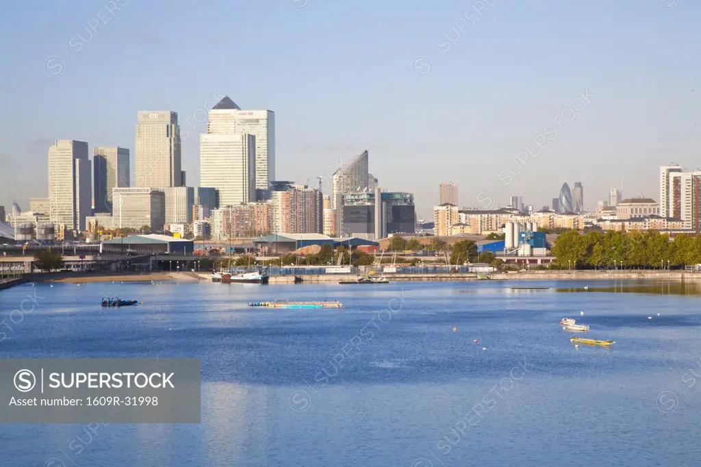 England, London, Newham,  Royal Victoria Docks, Canary Wharf buildings