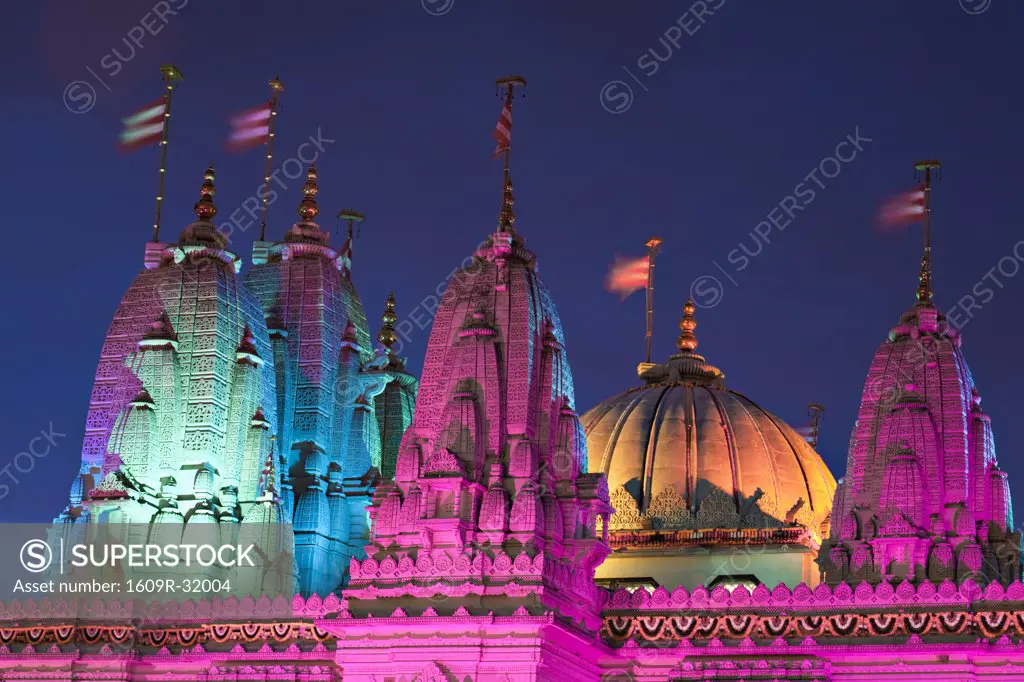 England, London, Neasdon, Shri Swaminarayan Mandir Temple illuminated for Hindu Festival of Diwali