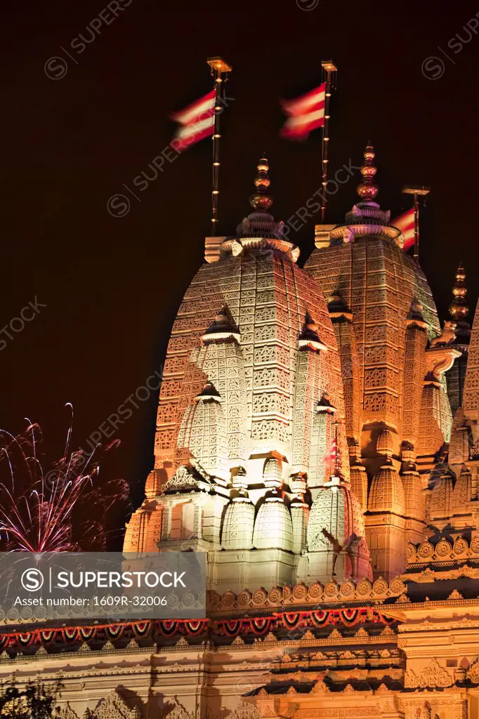 England, London, Neasdon, Shri Swaminarayan Mandir Temple illuminated for Hindu Festival of Diwali