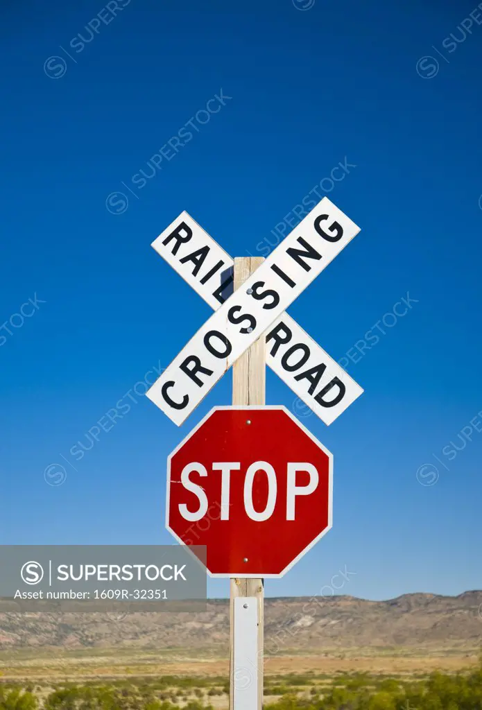 USA, New Mexico, Route 66, near Montoya, Railroad Crossing and sign