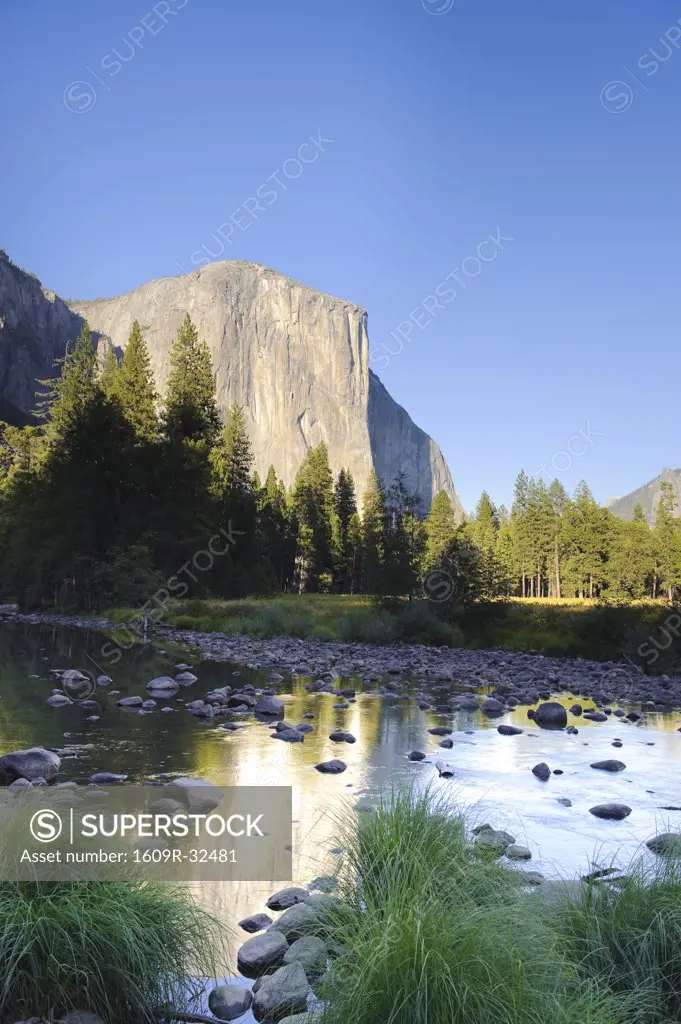 USA, California, Yosemite National Park, Merced River, El Capitan and Valley View