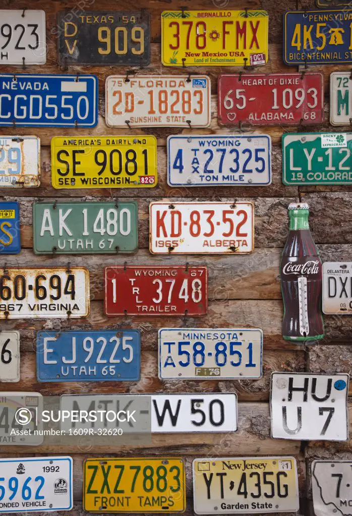 USA, Utah, Moab, Hole in the Rock tourist shop, old license plates