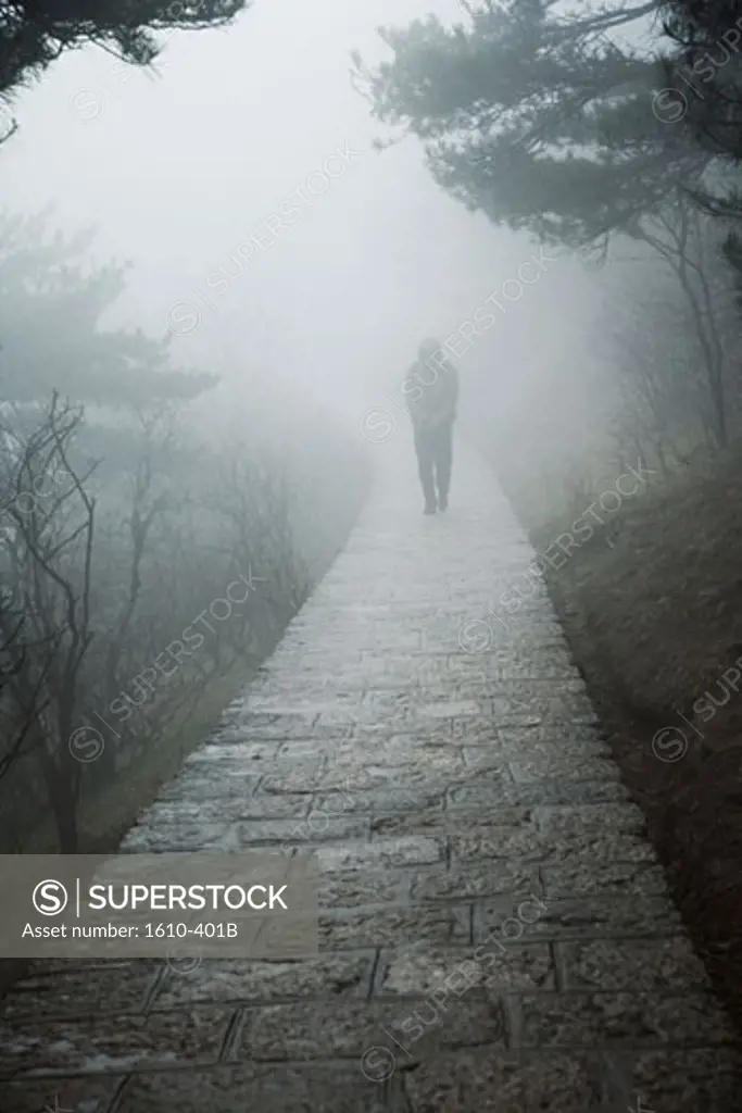Man walking on a path in fog, Yellow Mountains, Huangshan, China