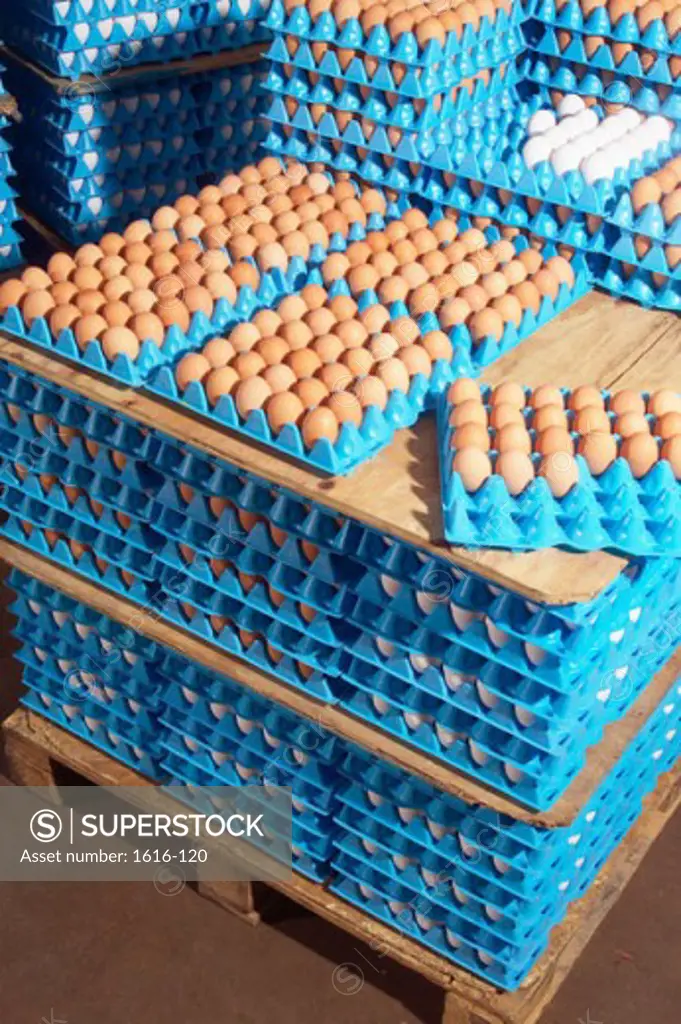 High angle view of stacks of egg cartons