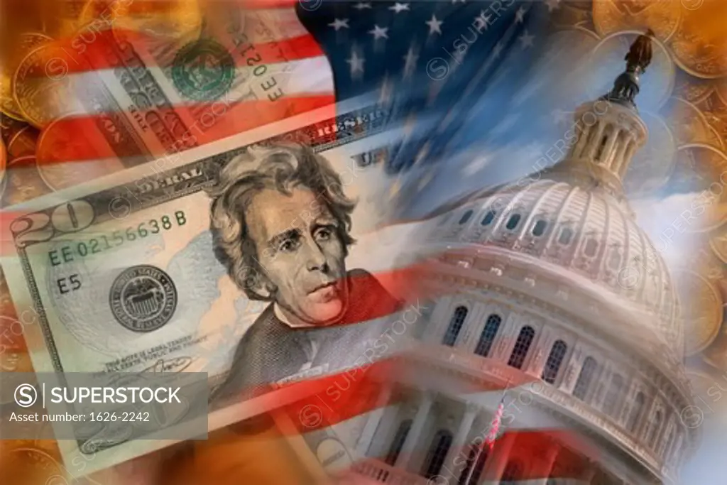 Blended Images of US Flag, Capitol Building and Money