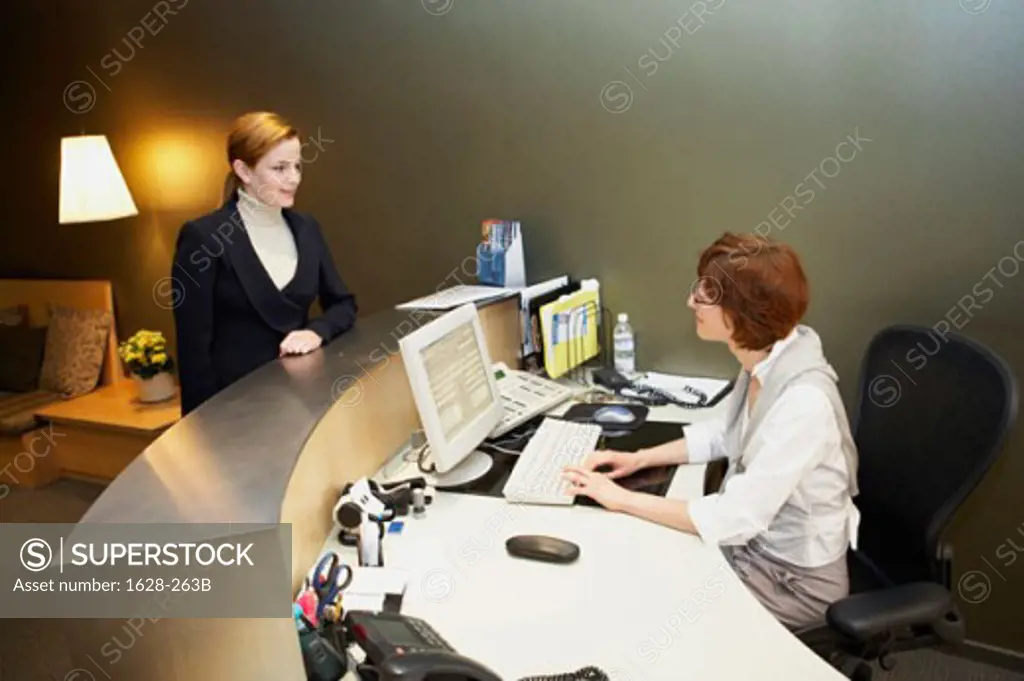 Side profile of a businesswoman working on a desktop PC in an office with another businesswoman standing in front of her