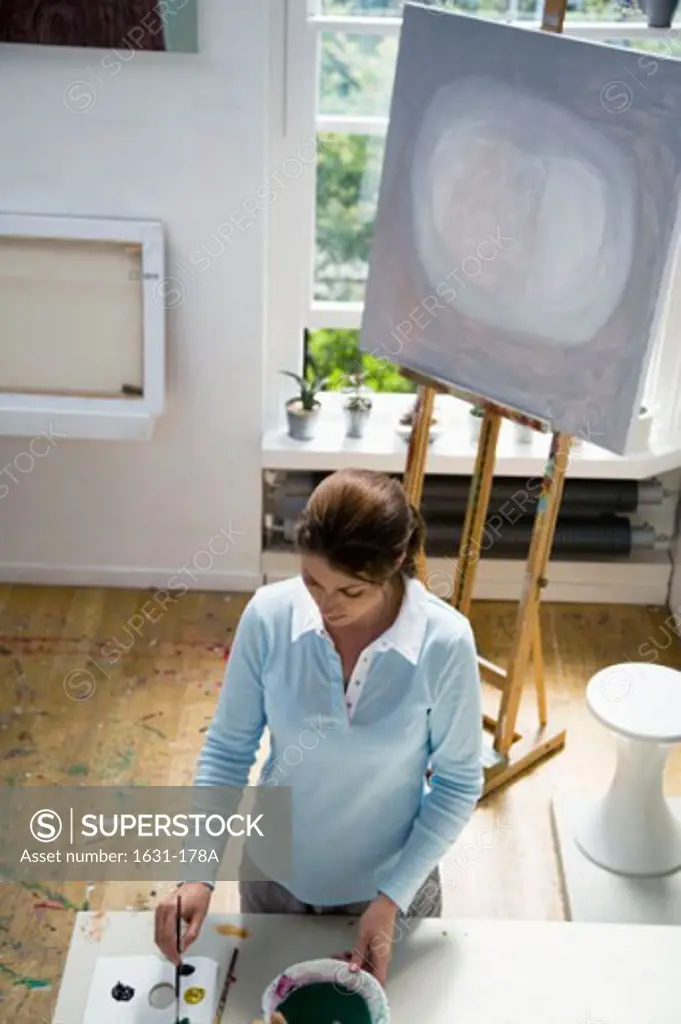 High angle view of a young woman holding a paintbrush