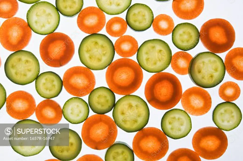 Close-up of carrot and cucumber slices