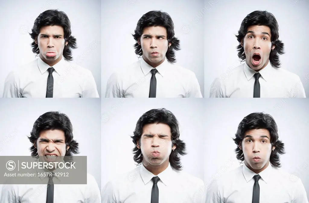 Multiple images of a businessman making funny faces