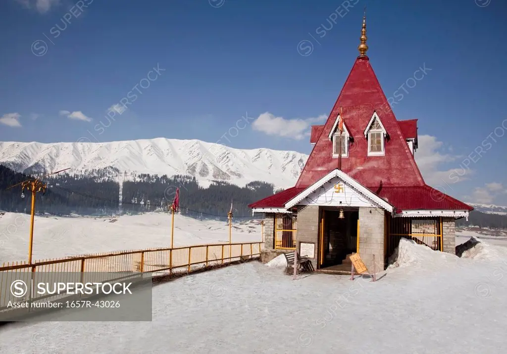 Temple in a snow covered landscape, Jammu And Kashmir, India