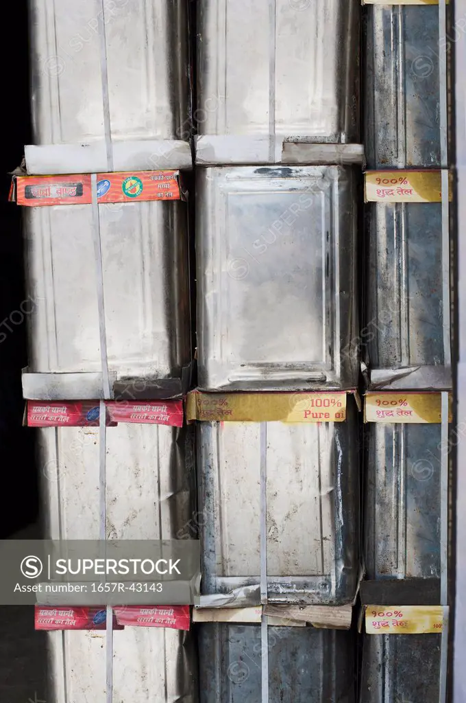 Close-up of oil containers in a warehouse, Sohna, Gurgaon, Haryana, India