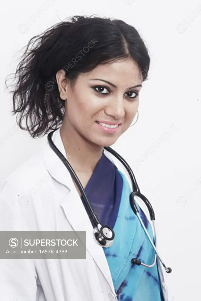 Side profile of a female doctor with a stethoscope around her neck