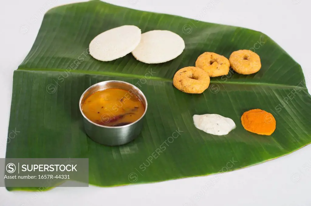 South Indian food served on a banana leaf