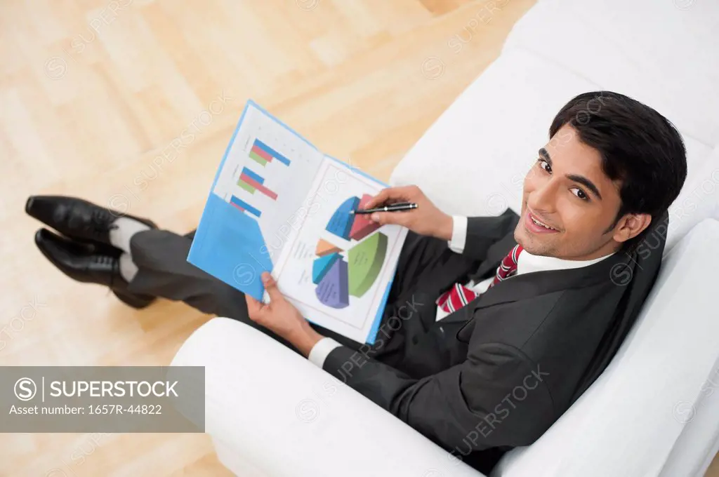 Businessman examining a pie chart and smiling